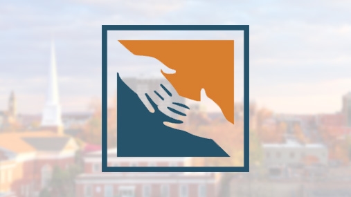 Logo graphic overlayed on blurred city backdrop